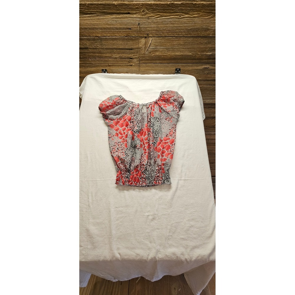 Sixteen Womens Red Grey Animal Print Smocked Hem Chiffon Blouse Medium - Picture 4 of 4